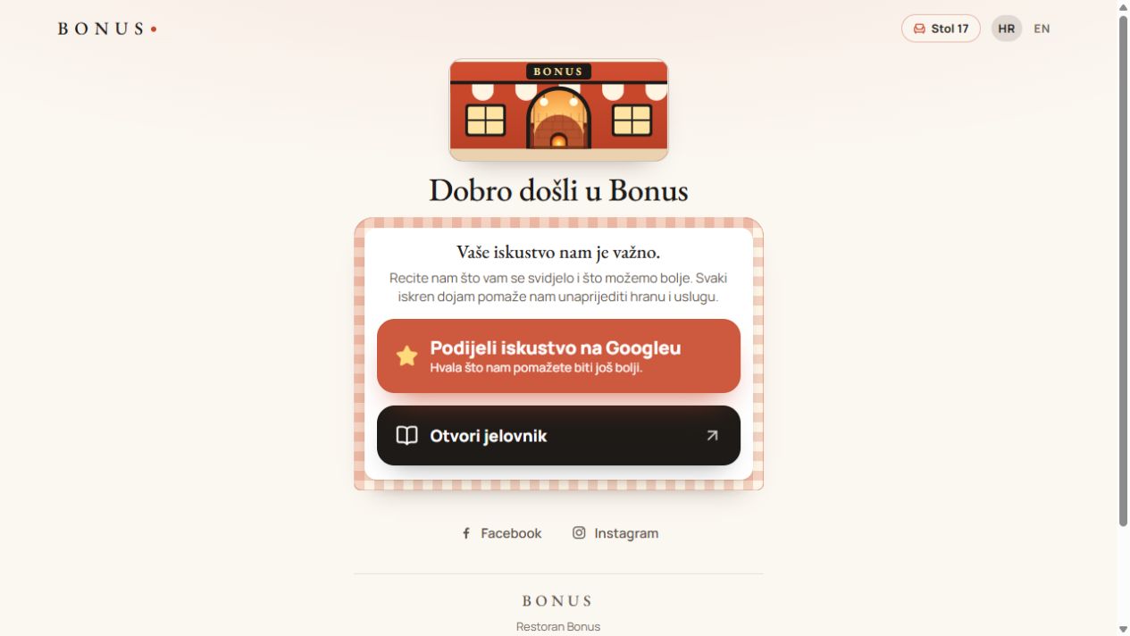 Snimka Bonus stranice za QR kod na stolu, s oznakom Stol 17